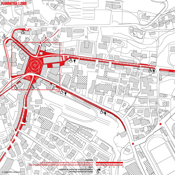 Planimetria 1:2000 di Piazza Marconi Valdobbiadene, progetto di concorso di Sandro Gravili